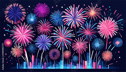 Firework festival celebration background. Festive show in night sky. Exploding Flashes of salutes. Holiday entertainment scene. Colorful flat vector cartoon illustration on dark blue background