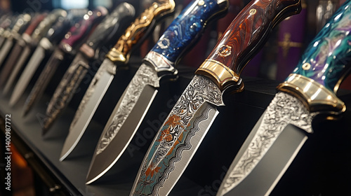A collection of beautifully crafted knives displayed in a row, showcasing intricate designs and vibrant handles.