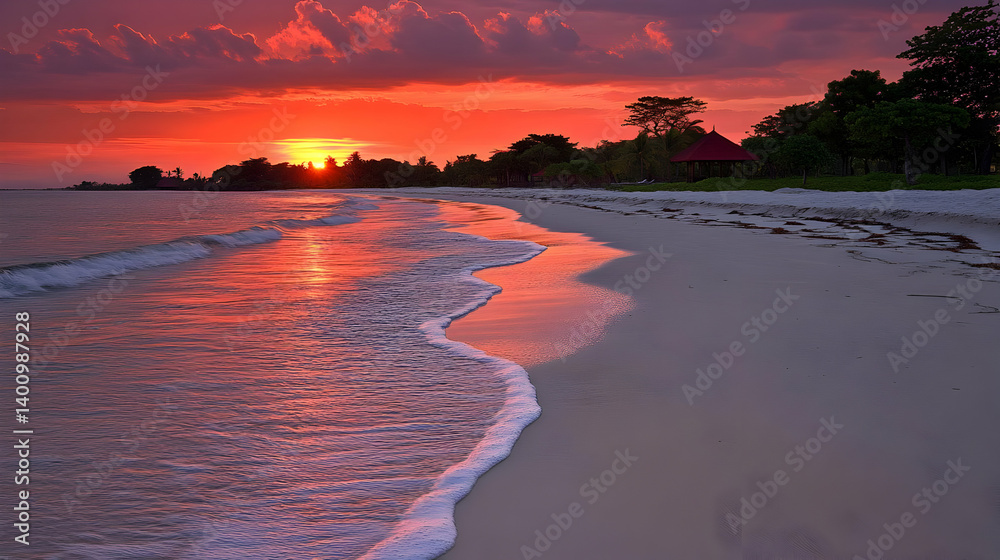 Vivid Sunset over Tranquil Beach with Trees Red Orange Sky Reflecting on Gentle Waves Washing Ashore in a Coastal Landscape at Twilight