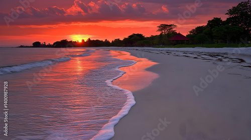 Obraz na płótnie Vivid Sunset over Tranquil Beach with Trees Red Orange Sky Reflecting on Gentle Waves Washing Ashore in a Coastal Landscape at Twilight w salonie