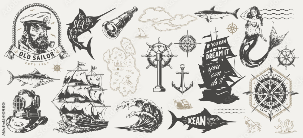 Nautical themed artwork featuring ocean elements Nautical themed artwork featuring ocean elements