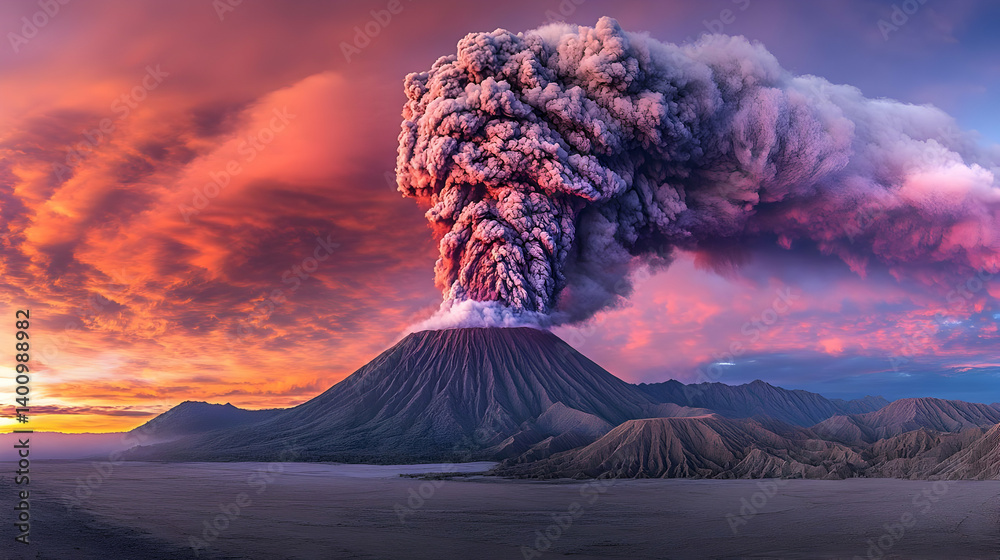 Volcanic Eruption Dominates Snowy Landscape Under Dramatic Sunset Sky with Ash and Smoke in Pixelated Digital Art Style