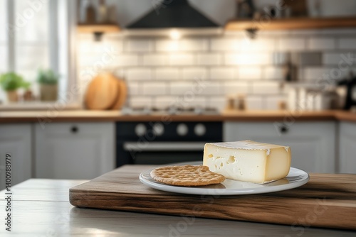 A block of cheese and a crispbread on a plate in a kitchen setting.