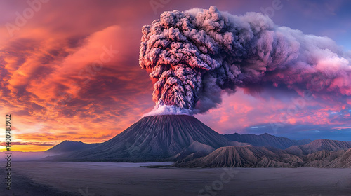 Obraz na płótnie Volcanic Eruption Dominates Snowy Landscape Under Dramatic Sunset Sky with Ash and Smoke in Pixelated Digital Art Style w salonie