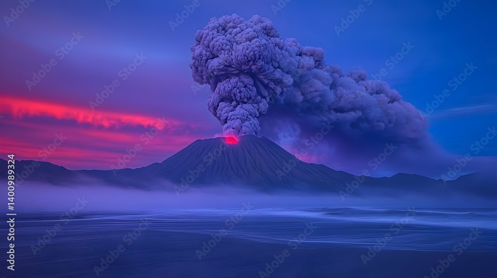 Volcanic Eruption Featuring Dark Mountain Smoke Plume Against Pink and Blue Sky at Twilight Reflecting on a Foggy Seashore Landscape