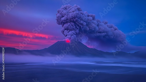 Obraz na płótnie Volcanic Eruption Featuring Dark Mountain Smoke Plume Against Pink and Blue Sky at Twilight Reflecting on a Foggy Seashore Landscape w salonie