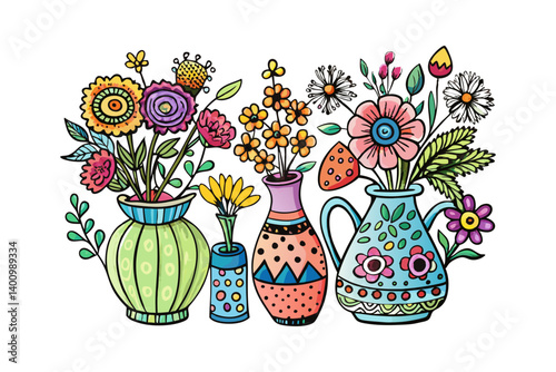 set of Beautiful hand drawn whimsical style quirky vases bouquets with flowers, white background, vector illustration 