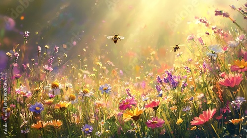Illustration of Bees in a Colorful Flower Field