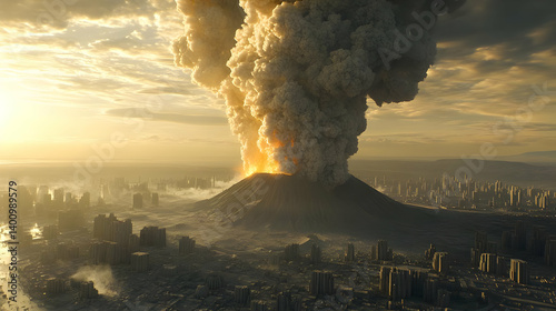 Obraz na płótnie Volcanic Eruption Over City Landscape With Dense Smoke Plume Against Golden Sky Aerial View of Urban Environment Under Atmospheric Ash Cloud w salonie