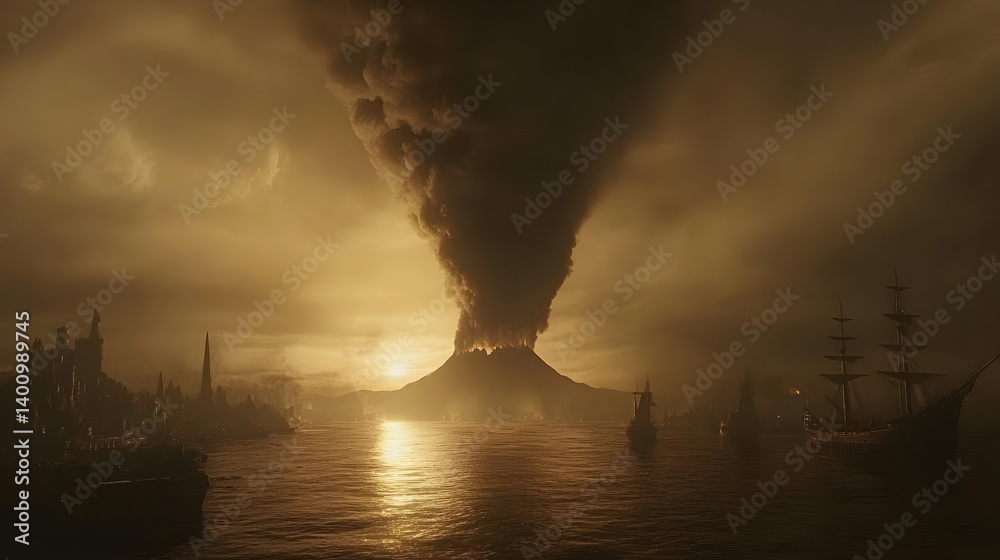 Volcanic Eruption Sending Smoke in the Sky Above Water with Pirate Ships Under Dark Sky