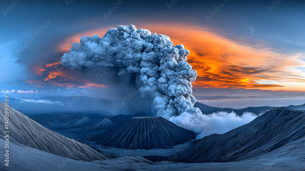 Volcanic Eruption with Ash Plume Against a Dramatic Sunset Sky on Mount Landscape with Blue and Orange Hues Panoramic View