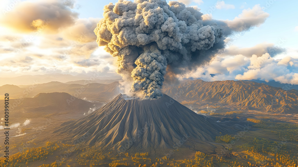 Volcanic Eruption Plume Over Lush Green Valley Under Cloudy Sky in the Golden Hour Sun Lighting Mountain and Trees