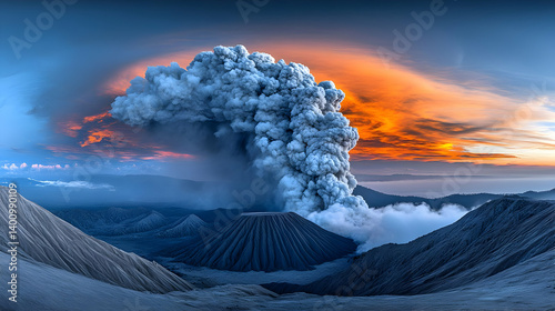 Obraz na płótnie Volcanic Eruption with Ash Plume Against a Dramatic Sunset Sky on Mount Landscape with Blue and Orange Hues Panoramic View w salonie