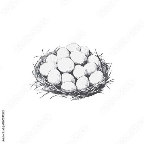 image of a bird's nest with eggs, black and white graphics, vector
