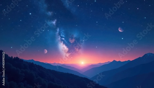 Sparkling stars in a midnight blue sky with shooting stars and planets moving across the horizon, stars, astronomy