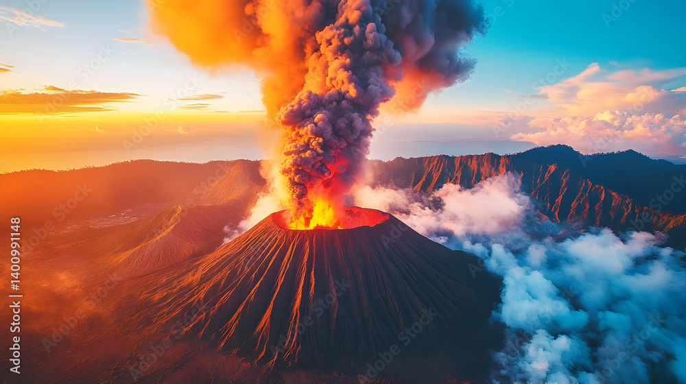 Volcanic Eruption with Billowing Smoke and Lava Flowing Down the Mountain at Sunset Casting Orange Glow Over the Sky
