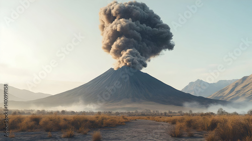 Obraz na płótnie Volcanic Eruption With Billowing Smoke in a Rugged Mountainous Landscape Under Clear Blue Sky in Broad Daylight w salonie