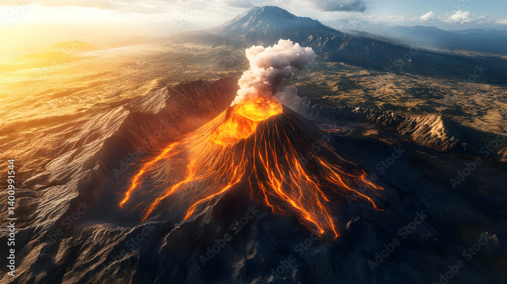 Volcanic Eruption with Flowing Lava and Ash Clouds against a Mountainous Background in Sunlight