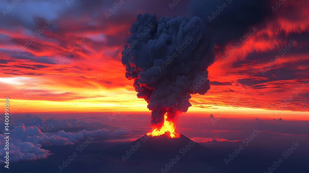 Volcanic Eruption with Fiery Lava Against Dramatic Sunset Skies with Ash Smoke Clouds and Mountain Landscape