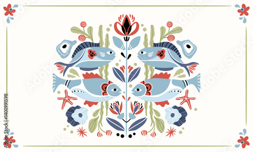 Folk hygge ready to use vector ocean print in Scandinavian style, folkloric isolated design on white. Composition with classic ethnic elements. Scandi folk motifs - sea animals, fishes and flowers