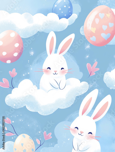 Easter bunnies illustration, with easter eggs and bunnies on the clouds.