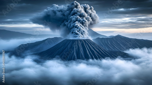 Volcanic Eruption With Smoke and Ash Cloud Over Rugged Mountain Range Surrounded by Soft White Clouds in Southeast Asia