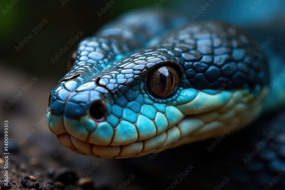 Close-up of venomous snake's facial features with vibrant blue coloration on the head, gape, and pupils, highlighting sharp, pointed snout, nature, blue viper snake Close-up of venomous snake's facial features with vibrant blue coloration on the head, gape, and pupils, highlighting sharp, pointed snout, nature, blue viper snake