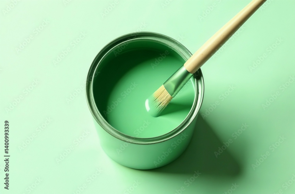 Top view wooden paintbrush lying on top of can of paint, light green or bright sage colored image, minimalism. Renovating, interior design, hues of paint for walls Top view wooden paintbrush lying on top of can of paint, light green or bright sage colored image, minimalism. Renovating, interior design, hues of paint for walls