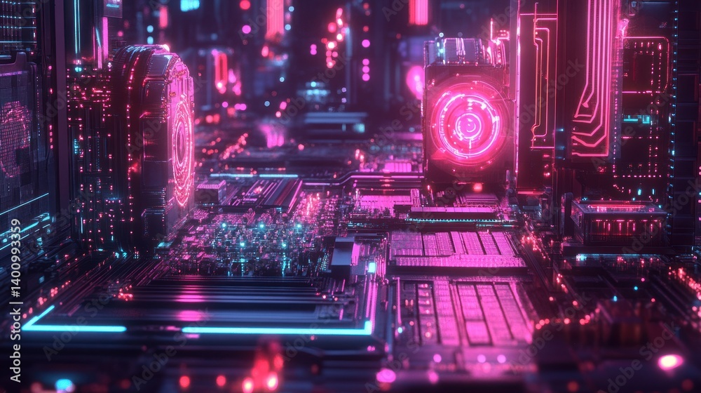 Naklejka premium Futuristic circuit board cityscape. A vibrant, detailed digital cityscape constructed from intricate circuit components. 