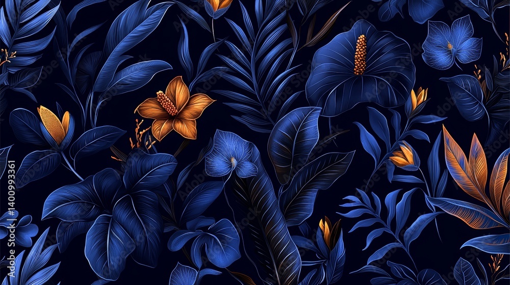 Blue and gold flowery background with a lot of leaves. The flowers are orange and the leaves are blue Blue and gold flowery background with a lot of leaves. The flowers are orange and the leaves are blue