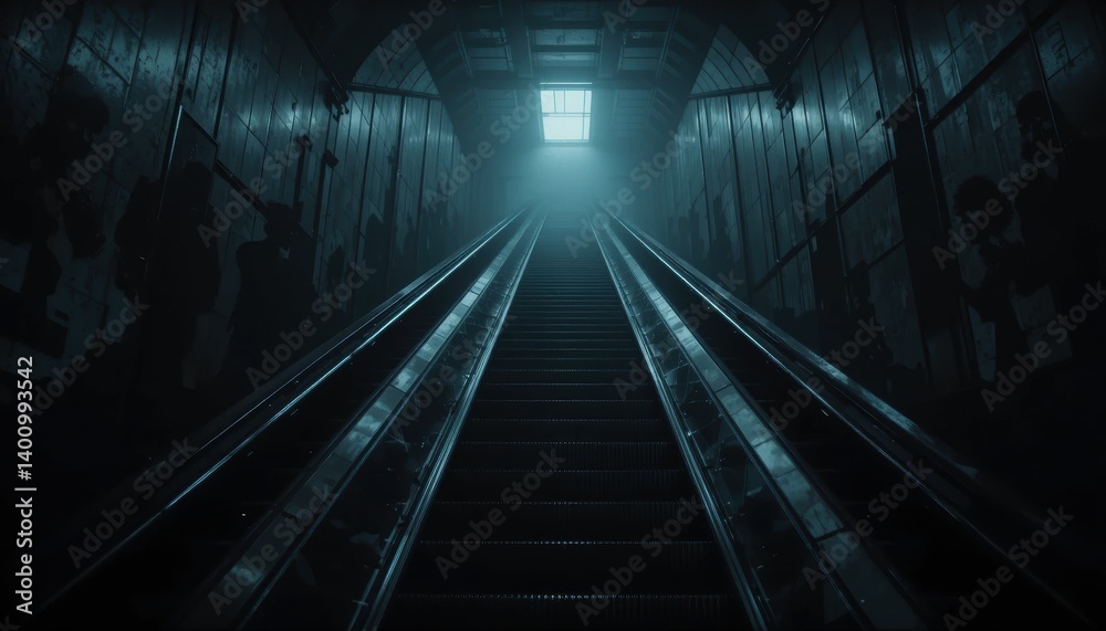 Mysterious Endless Escalator Ascending into Darkness A Surreal Photo Mysterious Endless Escalator Ascending into Darkness A Surreal Photo