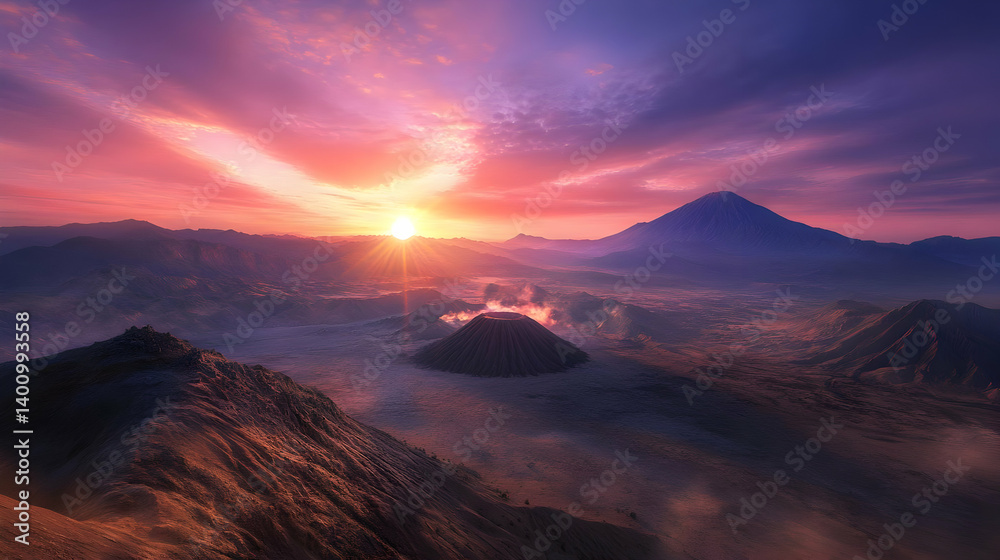 Voxel Landscape with Orange and Purple Sky Mountain Range at Sunset with Low Clouds and Mist Cinematic Environment