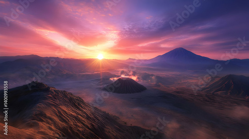 Obraz na płótnie Voxel Landscape with Orange and Purple Sky Mountain Range at Sunset with Low Clouds and Mist Cinematic Environment w salonie