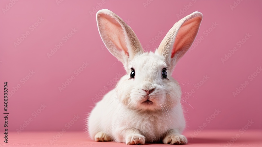 Obraz premium A white rabbit with large ears and wide, expressive eyes is pictured against a pink background.