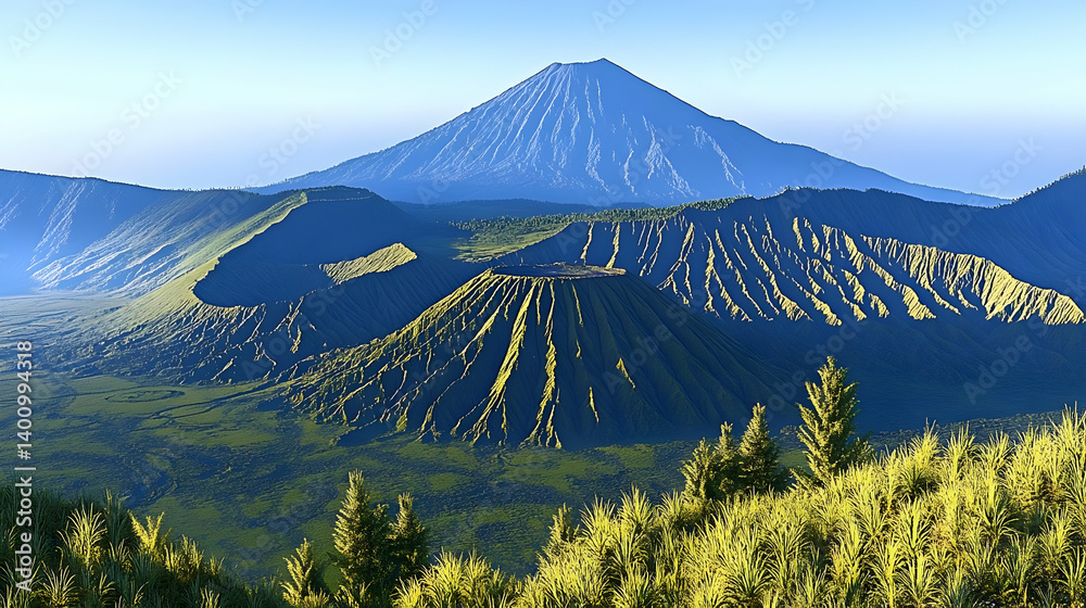 Voxelated Landscape View of Forested Hills with Blue Mountain Peak in Distance Under Clear Sky