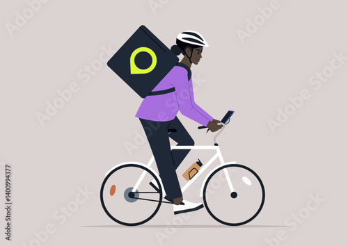 A delivery service cyclist navigates urban streets, balancing a large backpack and checking their phone for directions, bringing convenience to city dwellers during lunch