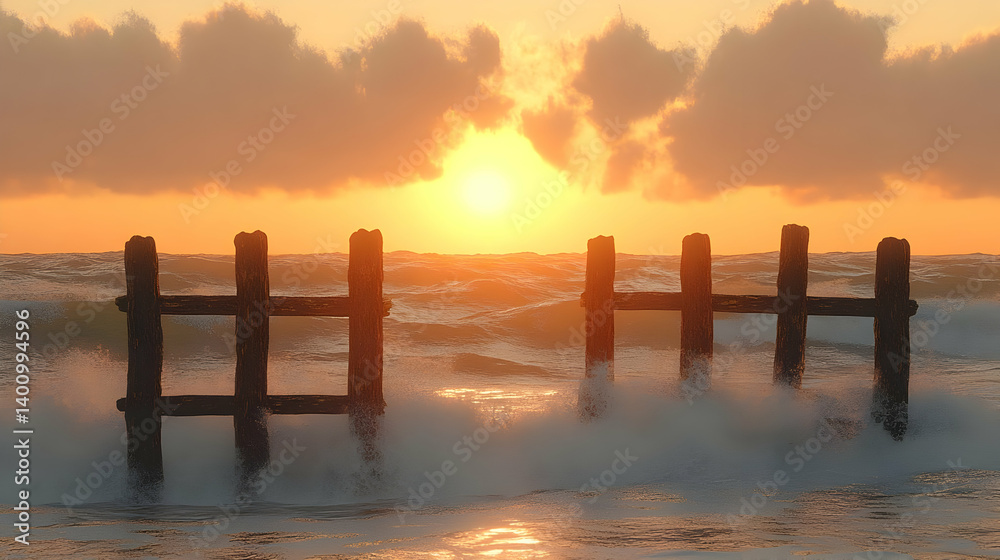 Voxelated Sunset Over Sea Waves Crashing on Wooden Posts creating Dreamy Atmosphere during Evening with Sky and Clouds in Yellow Tones