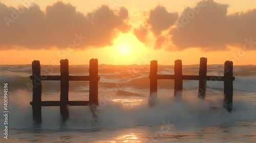 Obraz na płótnie Voxelated Sunset Over Sea Waves Crashing on Wooden Posts creating Dreamy Atmosphere during Evening with Sky and Clouds in Yellow Tones w salonie