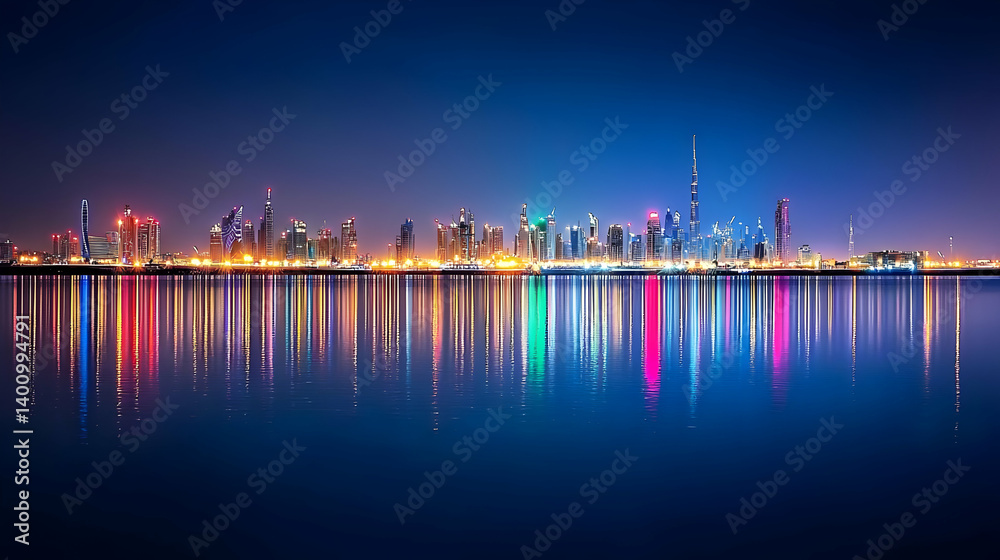 Fototapeta premium Vibrant Night City Skyline With Reflections