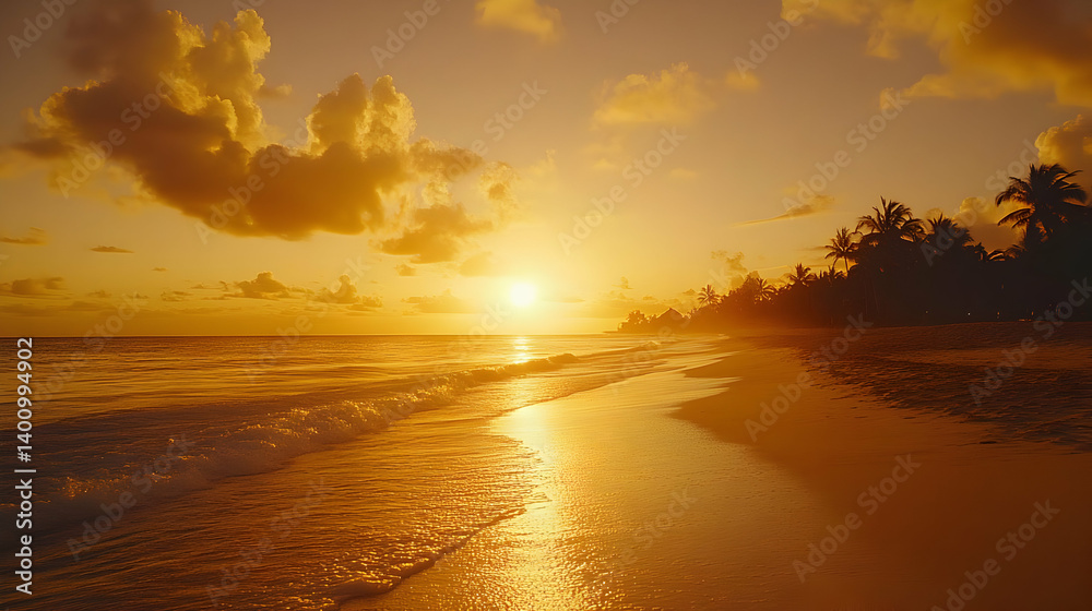 Warm Golden Sunset at Beach with Waves and Palm Trees Silhouette on Coastline