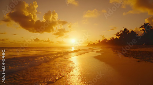 Obraz na płótnie Warm Golden Sunset at Beach with Waves and Palm Trees Silhouette on Coastline w salonie