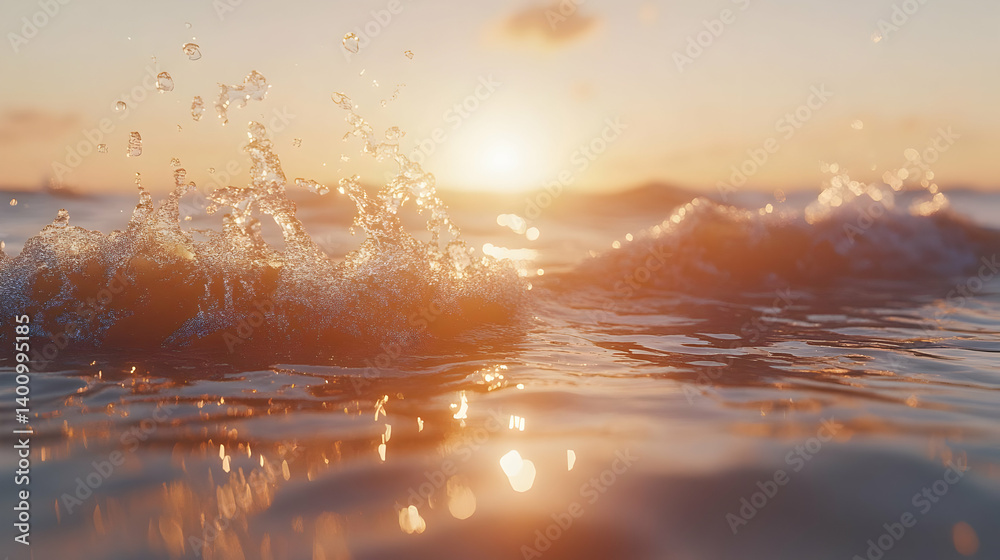 Warm Golden Sunset Reflections with Splashes of Water and Gentle Waves Creating a Relaxing Seascape at Tropical Beach