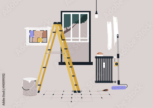 A vibrant interior renovation is underway with a ladder positioned beside a freshly painted wall