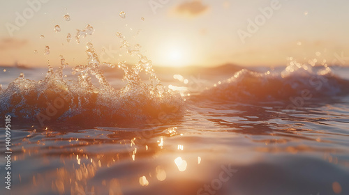 Obraz na płótnie Warm Golden Sunset Reflections with Splashes of Water and Gentle Waves Creating a Relaxing Seascape at Tropical Beach w salonie
