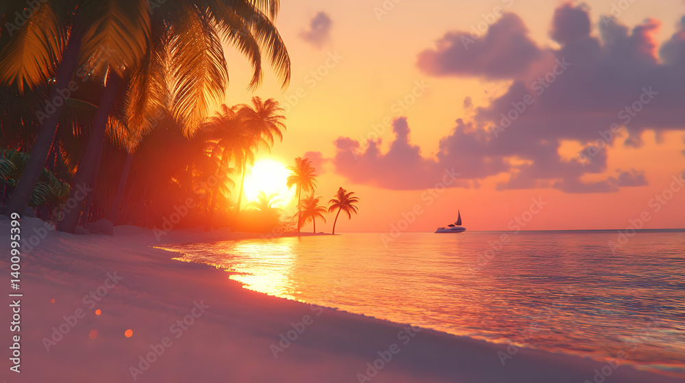 Warm Sunset Over a Tranquil Tropical Beach with Palm Trees and Golden Reflections on the Water Surface With Boat in the Horizon