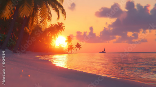 Obraz na płótnie Warm Sunset Over a Tranquil Tropical Beach with Palm Trees and Golden Reflections on the Water Surface With Boat in the Horizon w salonie