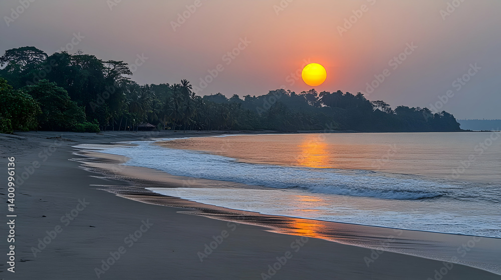 Warm Sunset Over Tranquil Beach with Gentle Waves and Lush Green Trees in Tropical Evening Landscape