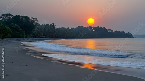 Obraz na płótnie Warm Sunset Over Tranquil Beach with Gentle Waves and Lush Green Trees in Tropical Evening Landscape w salonie