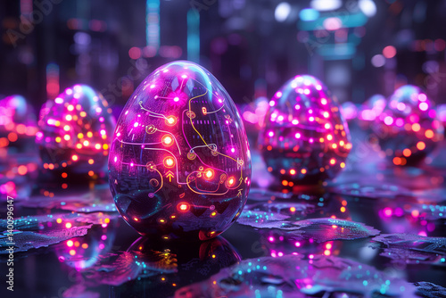 Futuristic Easter eggs glowing with neon lights and AI patterns in a sci-fi digital landscape.