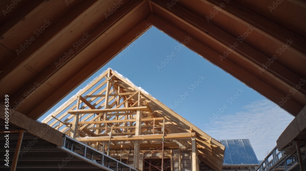 Obraz premium Framing Construction of a New House Under Clear Blue Sky